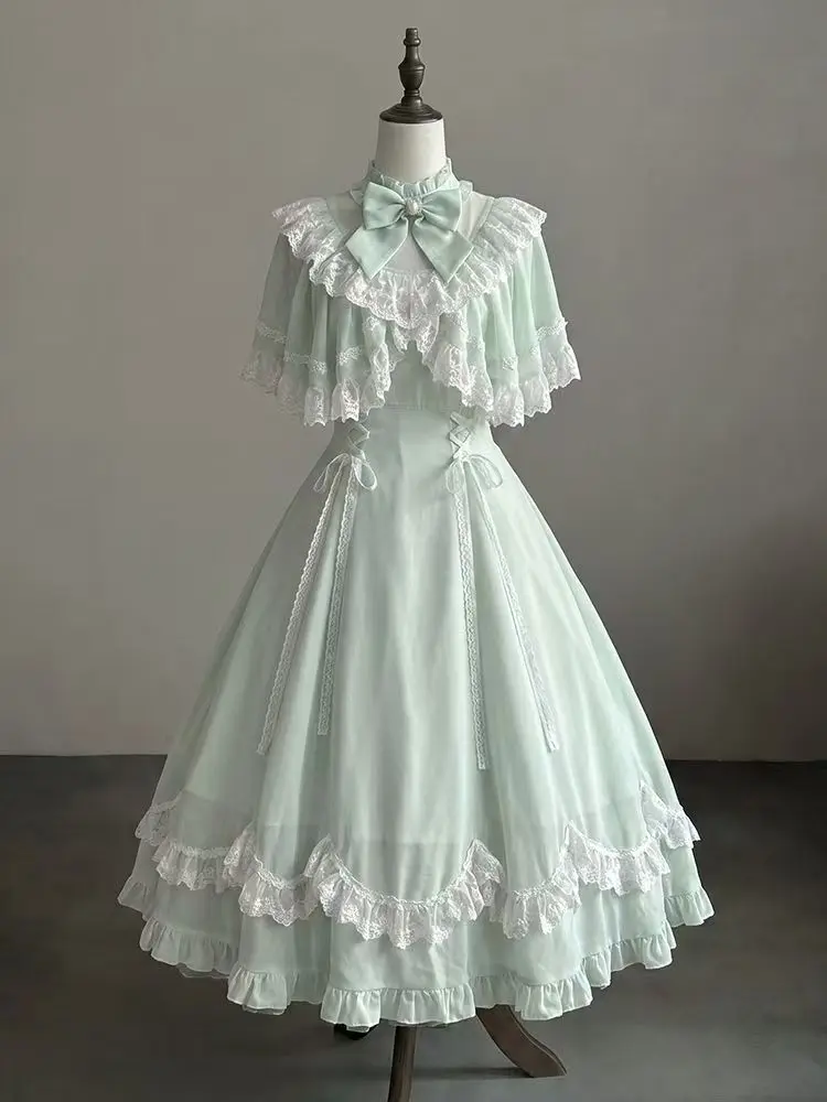 Sweet Women's Cute Elegant Temperament Lolita Cape Dress Design Japanese Kawaii Lace Patchwork Slim Summer Princess Dresses New