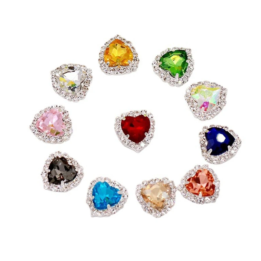 10PCS Heart Shaped Flatback Rhinestones Button Crystals Glass Jewelry Making Sewing On With Silver Bottom Stones For Clothes Diy