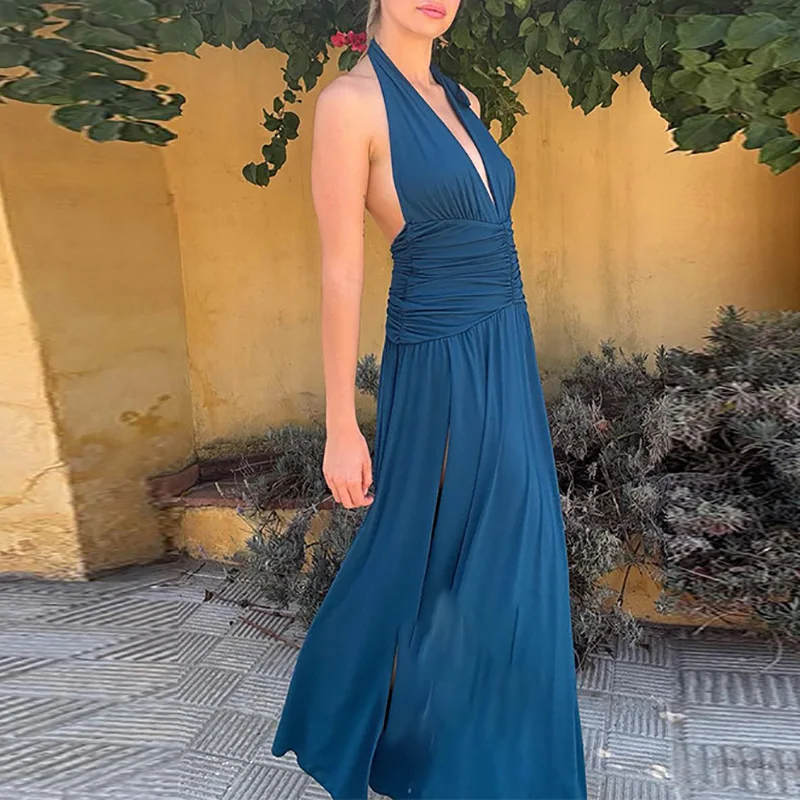 Spring Solid Slim Draped Evening Dress Casual Tie-up Halter Deep V Neck Hollow Dress Women Summer Backless Split Boho Long Dress