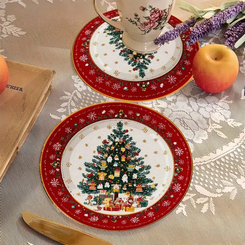 VIKAMA 4PC Christmas Themed Placemats With Red Borders And Christmas Tree Patterns Festive Table Decorations