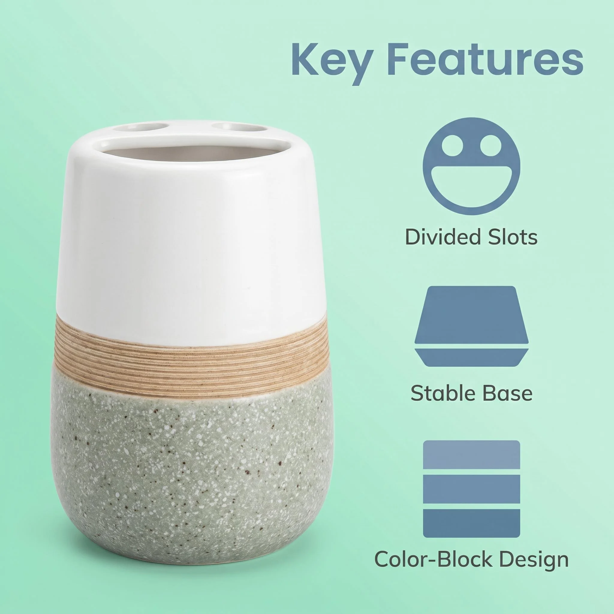 Color Block Ceramic Toothbrush Holder Faux Wood Stripe Bathroom Toothpaste Storage Organizer for Vanity Countertop