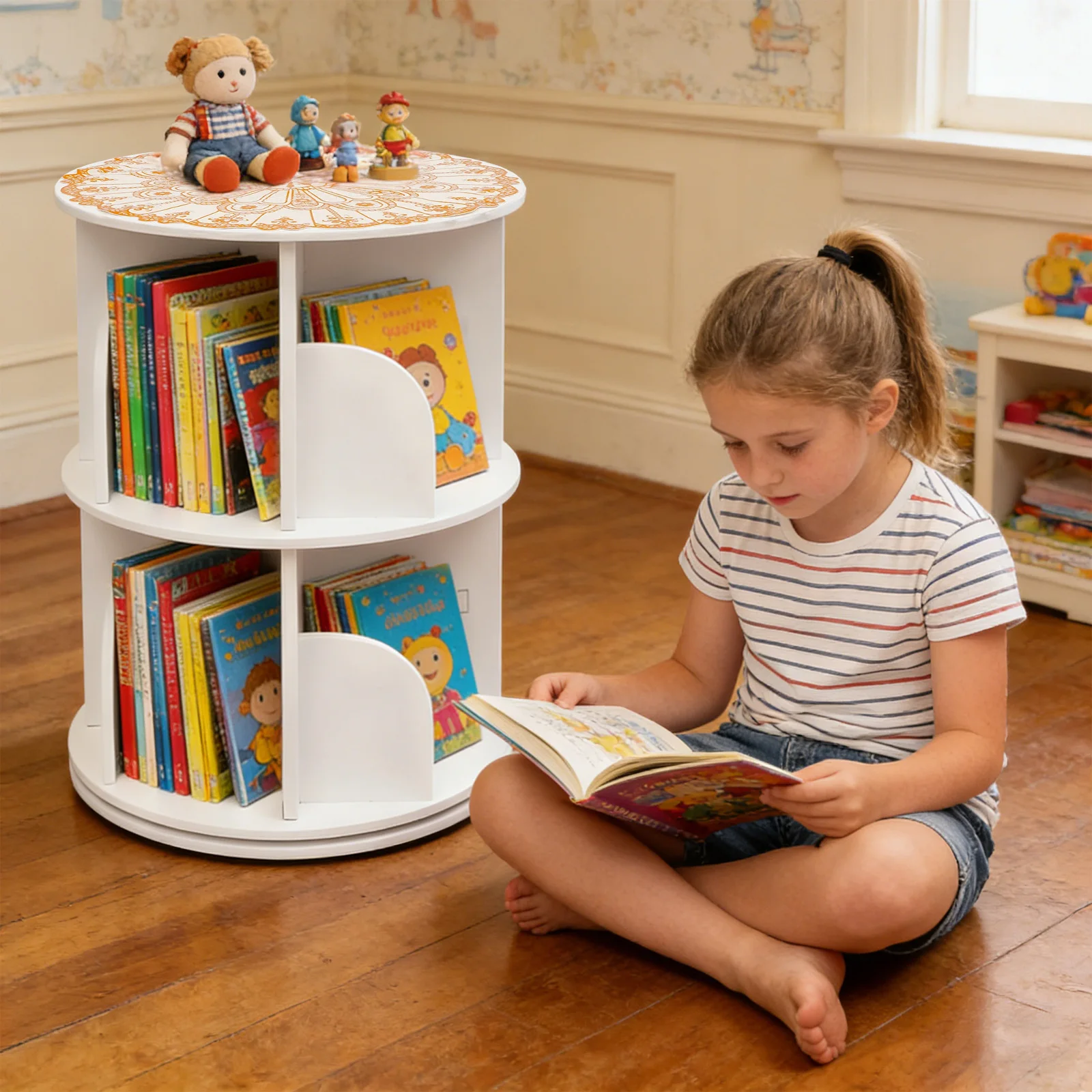 2-Tier Rotating Bookshelf Multi-layer White Rotating Bookshelf Floor Standing Bookcase Storage Rack Adjustable Number of Layers