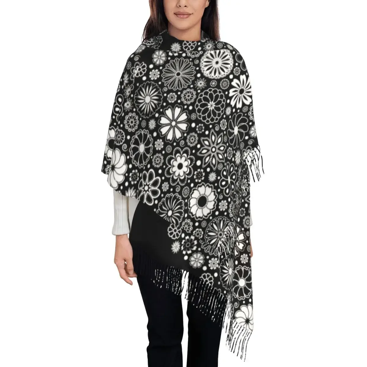 Flower Power Scarf Womens Black and White Floral Headwear Scarves with Tassel Winter Retro Shawls and Wraps New Design Bandana