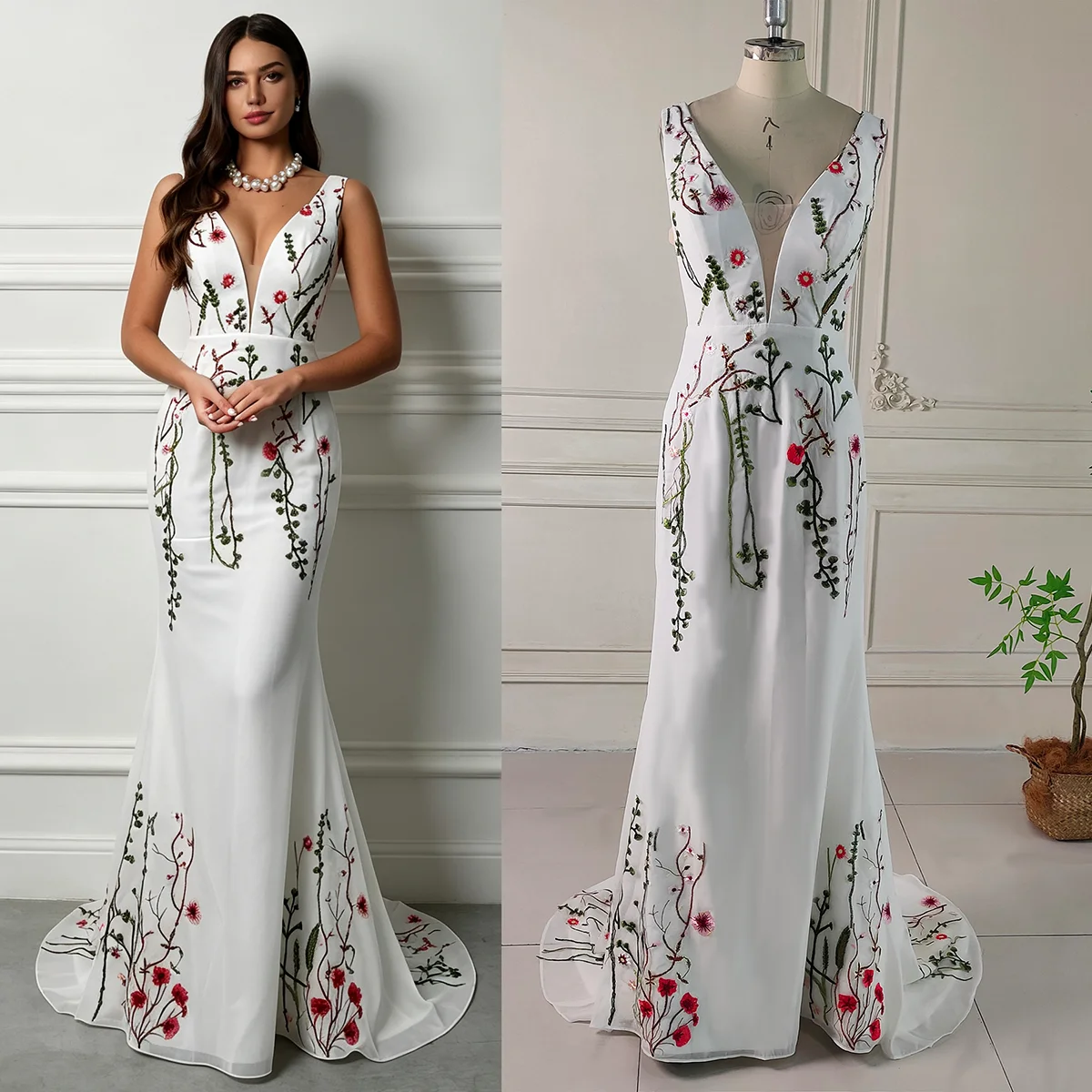 Real Photos Mermaid Embroidered Colorful Wedding Dress Customized Deep V Sleeveless Ivory Chiffon Sexy Lace Boho Bridal Gowns