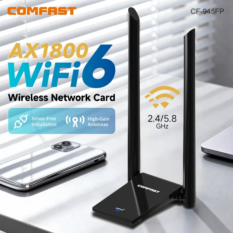 COMFAST CF-945FP AX1800 WiFi6 USB3.0 Wireless Adapter Driver Free 2.4G+5.8G Dual Band 5dBi High Gain Antenna WiFi Dongle for Des