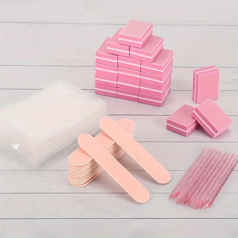 Pink Nail Care Supplies Kit Sponge Nail Buffers Wooden Nail File Sticks Manicure Sanding Wands Clear Packaging Pouches