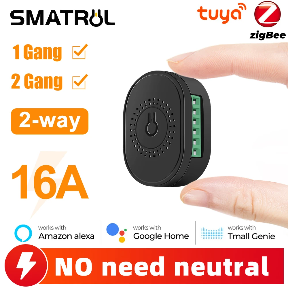 1/2 Gang 16A No Neutral Wire ZigBee Tuya Smart Light Switch Mini Module Mini Breaker 2 Way Control For Alexa Google Home