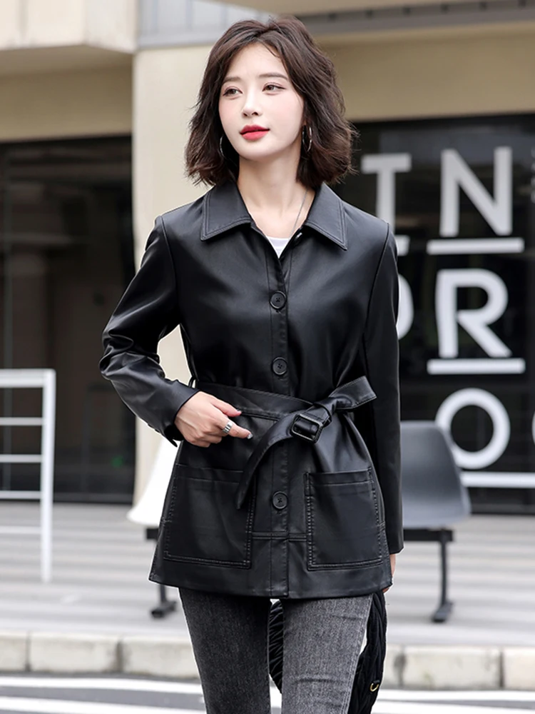 Haining Genuine Leather Jaet Women's 2025 New Spring Autumn eepskin ort Sle Belted Casual Leather Coat