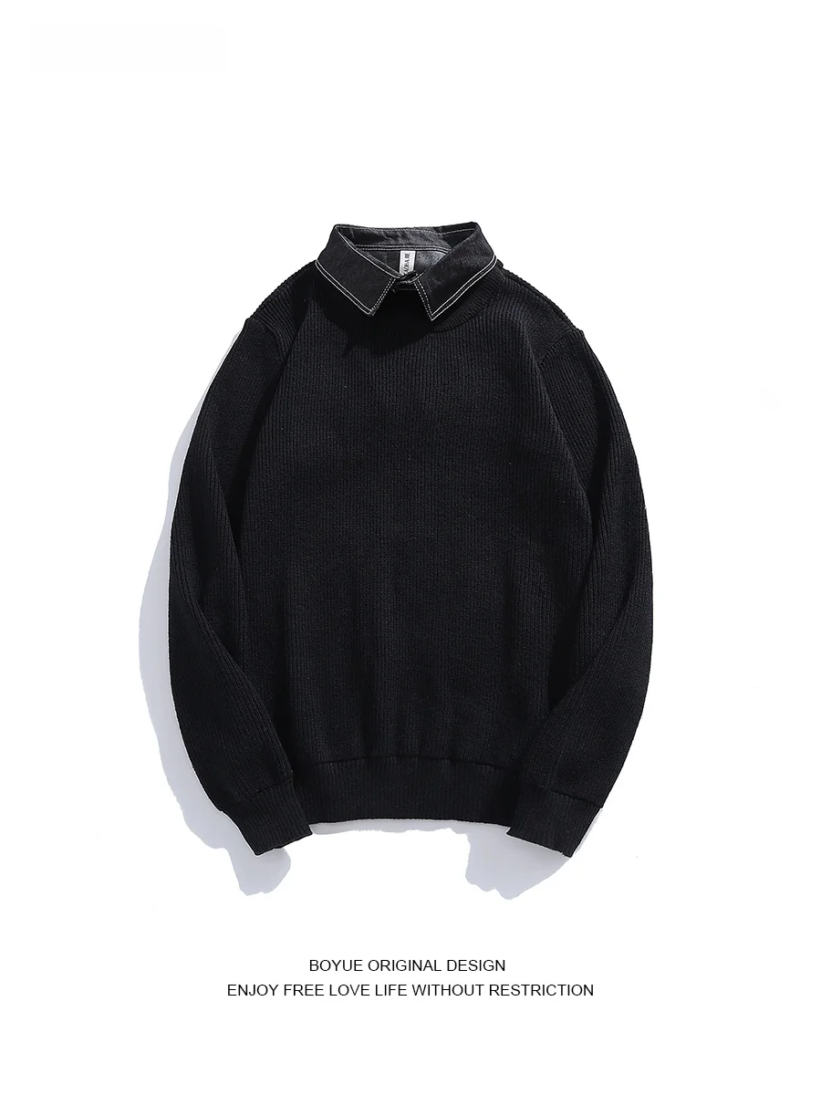 

Мужской вязаный свитер Boyue с воротником, однотонный, свободного кроя, длинный рукав, теплый, повседневный, осенний топ