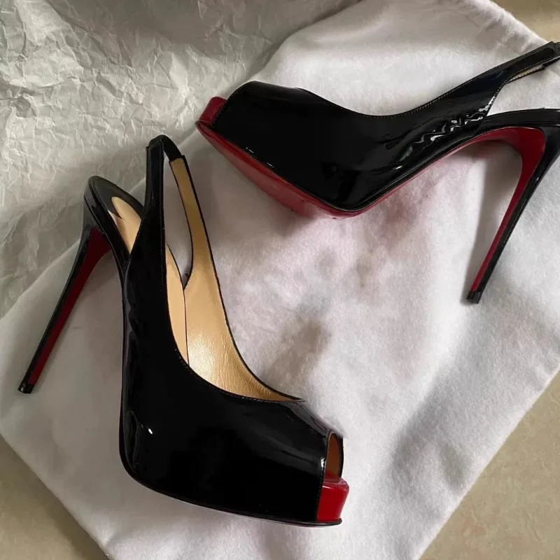 Women's High Heeled Sandals 12cm High Heel Open Toe Fish Mouth Sandals Black Patent Leather Stiletto Sandals Platform High Heels