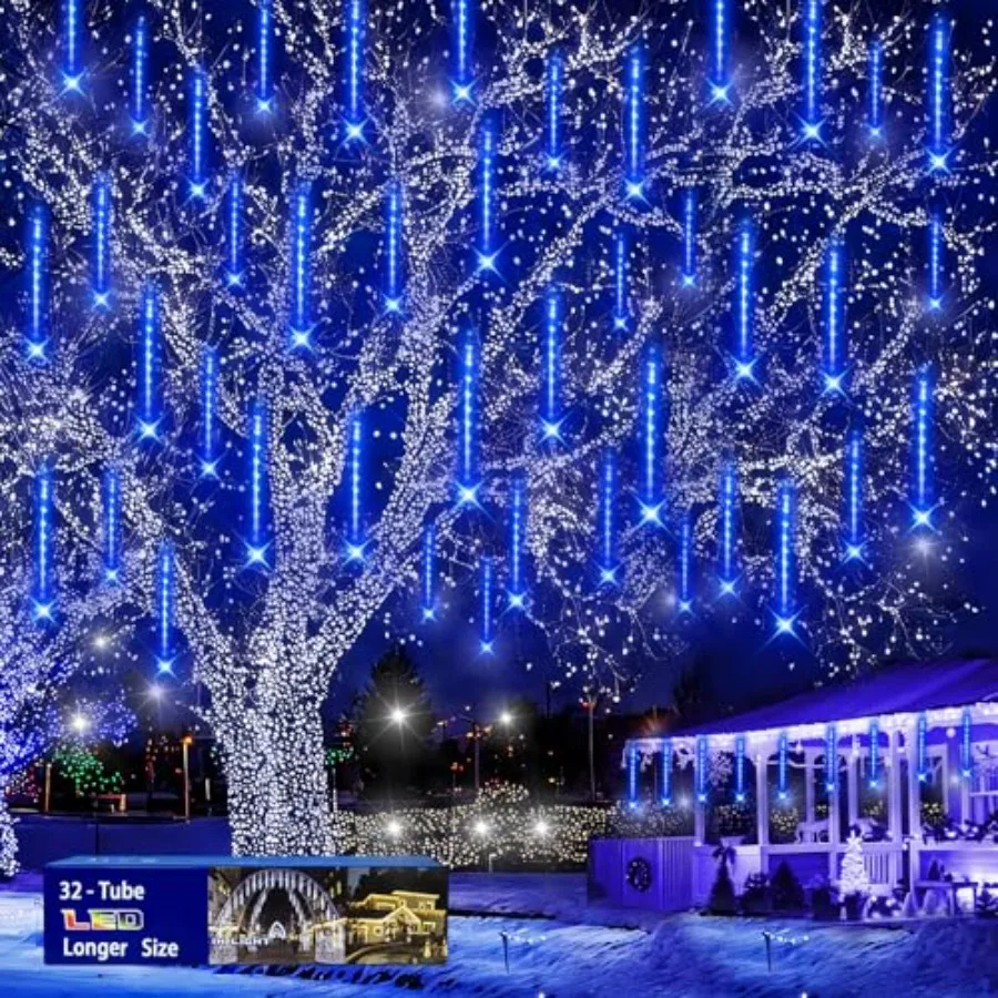 Christmas Lights Outdoors, 32 Tubes Equivalent to 4 Sets of 8-Tubes Meteor Shower Rain Lights - lcicle Christmas Light Outdoor