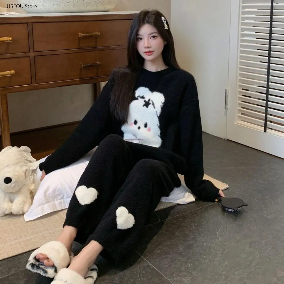 Women 2026 Autumn Winter Half Sided Fleece Pajama Set Thick Warm Fuzzy Soft Casual Ladies Loungewear Home Sleepwear