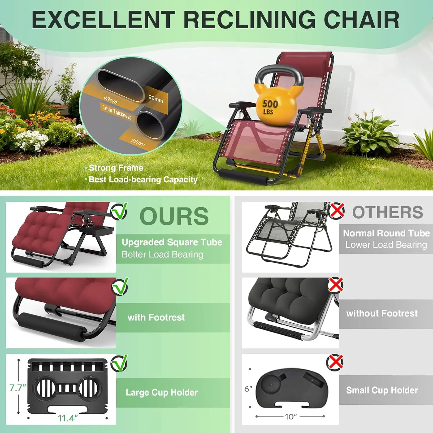 كرسي صالة كبير الحجم بدون جاذبية، كرسي صالة مقاس 29 بوصة مع وسادة ومسند للرأس قابل للإزالة، كرسي تخييم مستلق مع قفل مطور #4