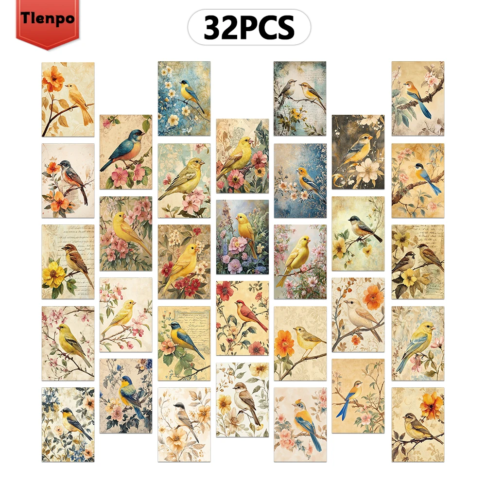 32pcs, Vintage Flower and Bird Postcards, Wall Stickers, Mailing Cards, Greeting Cards, DIY Postcards, Souvenir Postcards, Decor