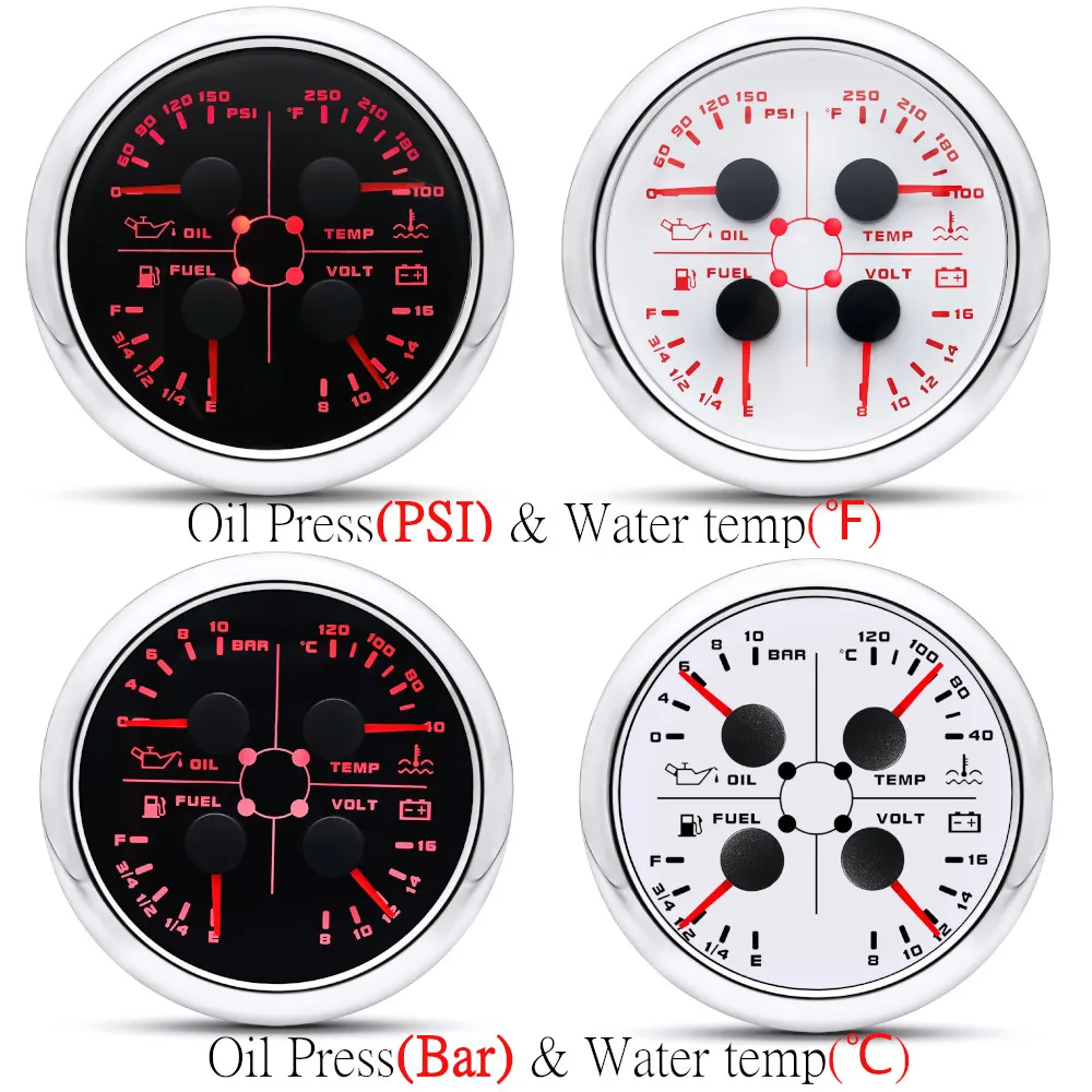 HD 85mm 4in1 Gauge Car Fuel Level Gauge 0-190ohm 240-33ohm Water Temp Oil Pressure Volt Temperature Sensor 1/8NPT With Alarm