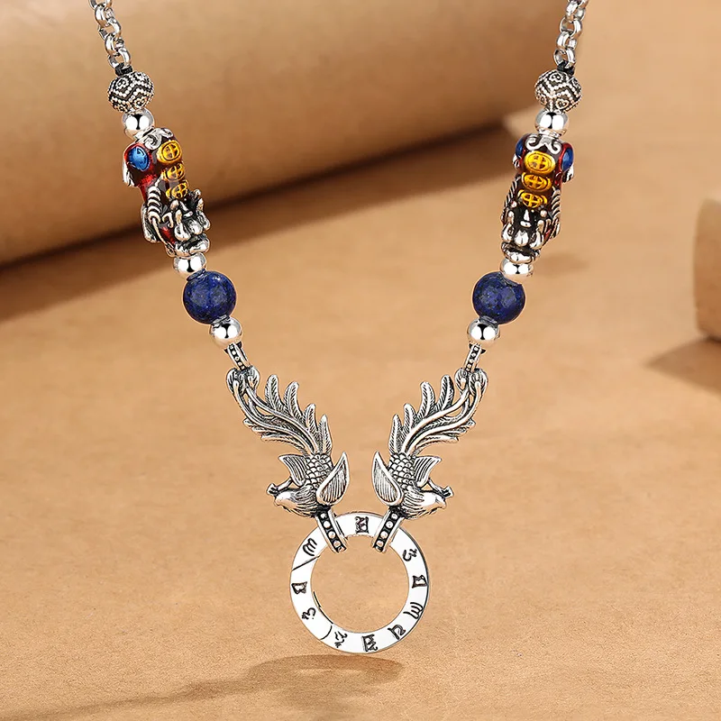 

Chinese Landscape Thai Blue Enamel Phoenix Pixiu Unisex Necklace with Retro Style Accessories
