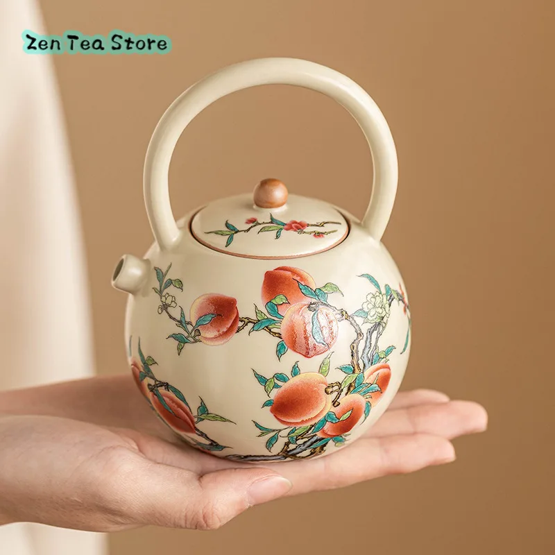 Pink Peach Ru Kiln Teapot Single Pot Chinese Ceramic Beam Pot Kung Fu Tea Set Can Open Large Capacity Teapot