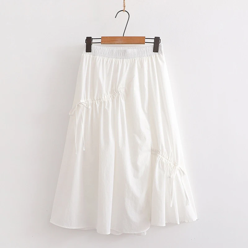 New Summer Hot Sale Women Irregular Drawstring Pleated Half Skirt Solid Color Female A-line Cotton Midi Skirt Pleated Skirt U294