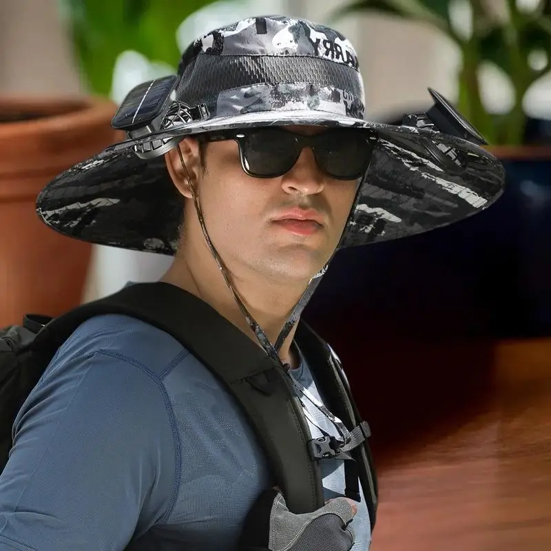 ผู้ชายฤดูร้อนแบบชาร์จไฟได้พัดลมปีกใหญ่หมวกกันแดด; หมวกชาร์จพลังงานแสงอาทิตย์ขนาดใหญ่ที่สมบูรณ์แบบสําหรับการตั้งแคมป์กลางแจ้งและตกปลา