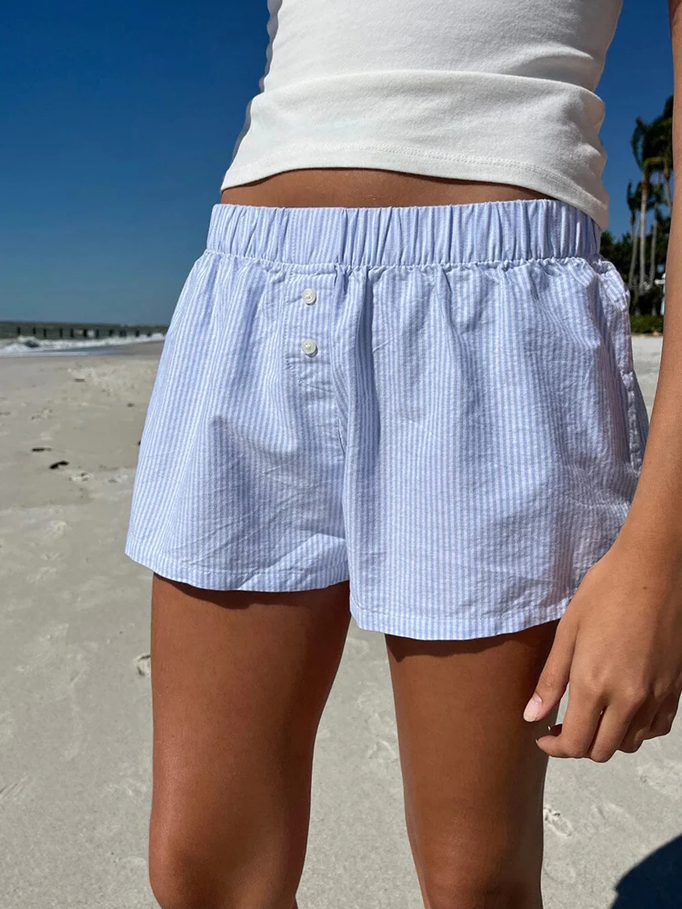 Casual Loose Stripe Button Details Summer Shorts Women Vacation Beach Outfits