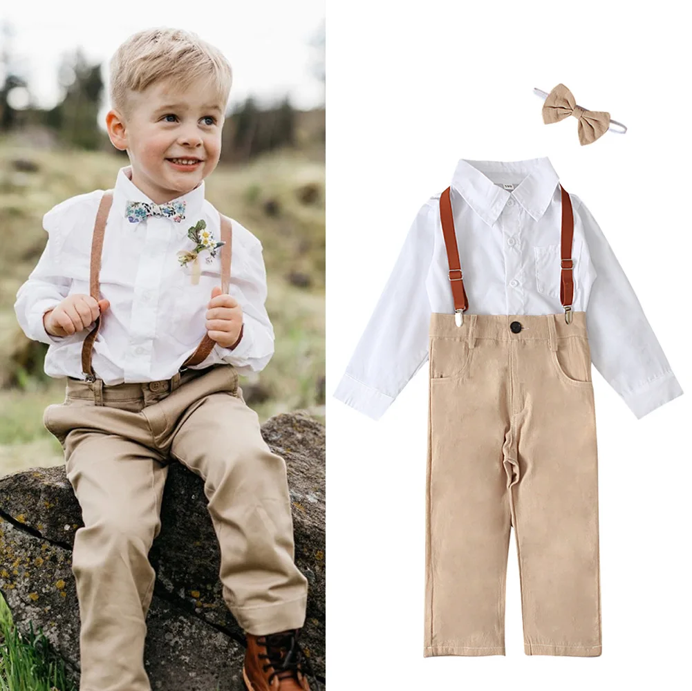 Gentleman Children Boy Clothes Suit Shirt+Pant+Straps+Bow Tie 4Pcs Set Kid Wedding Party Costume Elegant Birthday Baby Boy A1124