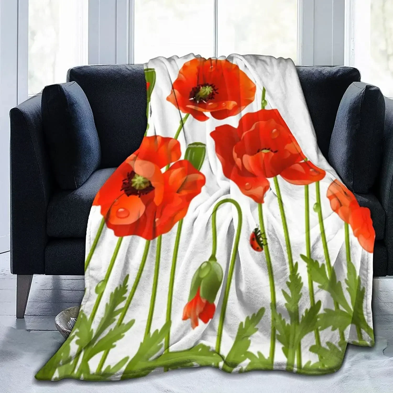 

3d Printed Blanket Red Flower Vintage Field of Poppies Brown Antique Home Decor Warm Soft Blankets for Couch Sofa Bed Office