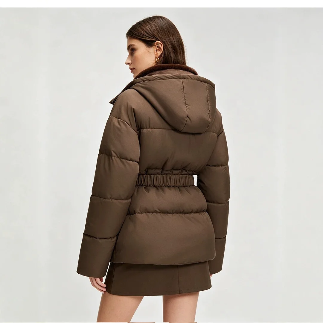 Women Hooded Puffer Coat With Self Tie Belt Mid Length Thick Warm Winter Cotton Jacket 2026 Contrast Liner Casual Outerwears