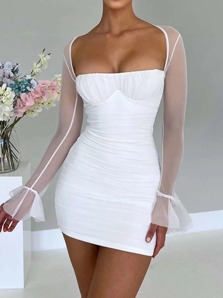 Tre sorelle nuova moda estiva sexy festa di compleanno calda ballo di fine anno abiti da donna abito a maniche lunghe in tinta unita senza schienale a rete stretta