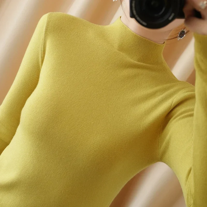 Women Sweater 2025 Autumn Winter Blue Mock Neck High Stretch Bottoming Shirt Fashion Korean Solid Slim Pullovers Knitwear Tops