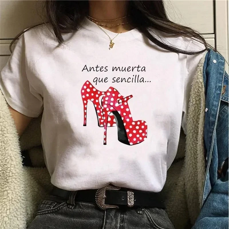 Women T-shirts Harajuku Tops Shirts Short Sleeve High Heel Print Flamengo Dance Tees Cartoon Graphic Female O-neck Shirt Clothes