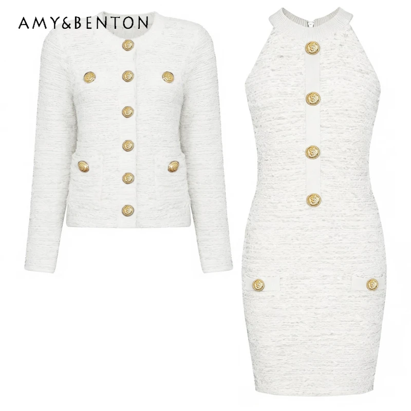 

2026 Spring New Fashionable Knitted Elegant Women's Cardigan Coat Original Design Solid Color Slim Sleeveless Dress Set Ladies