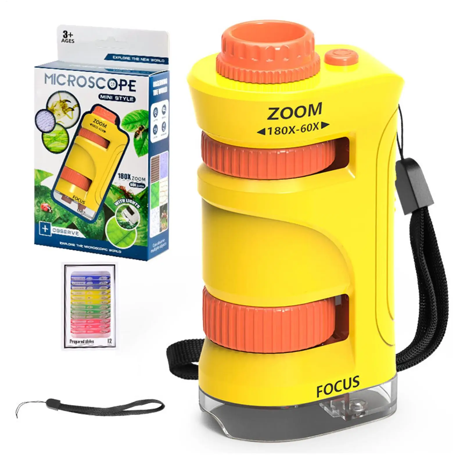 Microscópio infantil com zoom 60-80X, microscópio de ampliação infantil com 12 peças de slides, brinquedo científico educacional para acampamento, escola