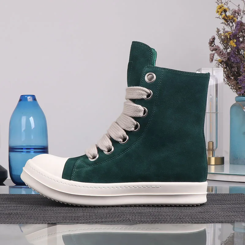 

Luxury Designer Casual Leather Ankle Boots for Men and Women Dark Green & Yellow Options High-Top Sneakers with Thick Shoelaces