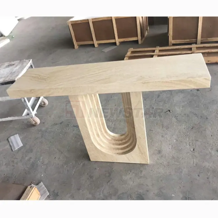 Living Room Furniture Narrow Long Bege Travertine Stacked Base  Rectangular Marble Table Modern Console Table