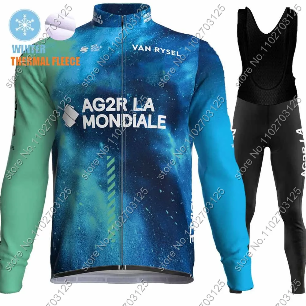 Ag2r Team 2024 Cycling Jersey Set Winter Thermal Fleece Blue France Clothing Long Sleeve Road Pants Bib Bike Suit MTB Maillot