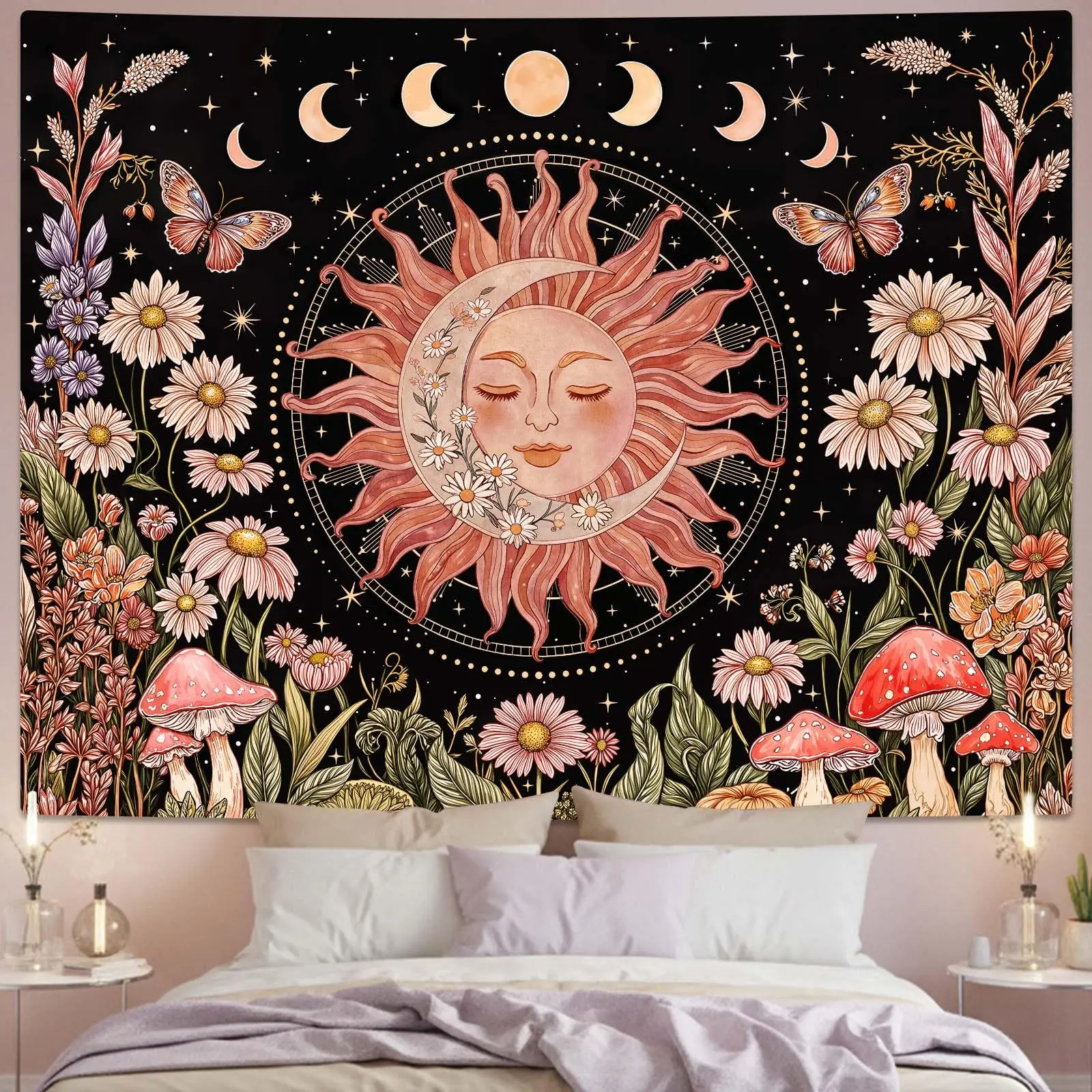 1PC Boho Sun Moon Floral Pink Black Print Tapestry, Boho Style, Bedroom Living Room Kitchen Wall Hanging, Polyester, Wall Art