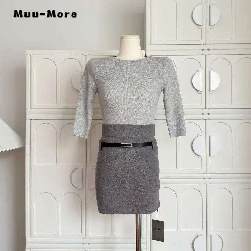 

2025 Spring Elegant Knitted Style 2 Piece Set Women Round Neck Sweater Top + A-line Skirt Office Lady Two Piece Skirt Set