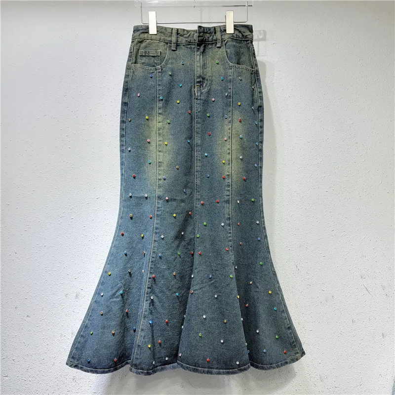 Heavy industry diamond denim skirt for women's trend 2024 new spring/summer high waist slim mid length fishtail skirt