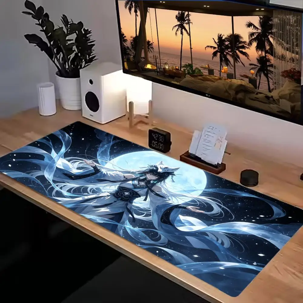 Anime Fox Girl Under Bright Full Moon Gaming Desk Mat Natural Rubber Anti‑Slip Large Size For Laptop Desktop Bedroom Gaming