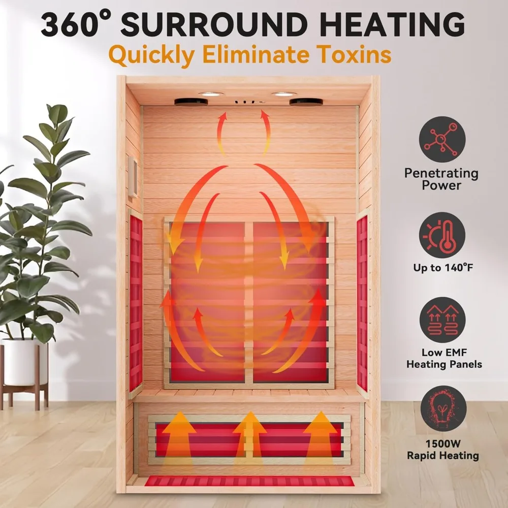 Infrared Sauna 2 Person, Low EMF, Canadian Hemlock, 360° Surround Heating, Bluetooth, Timer & Temperature Control, Indoor Sauna