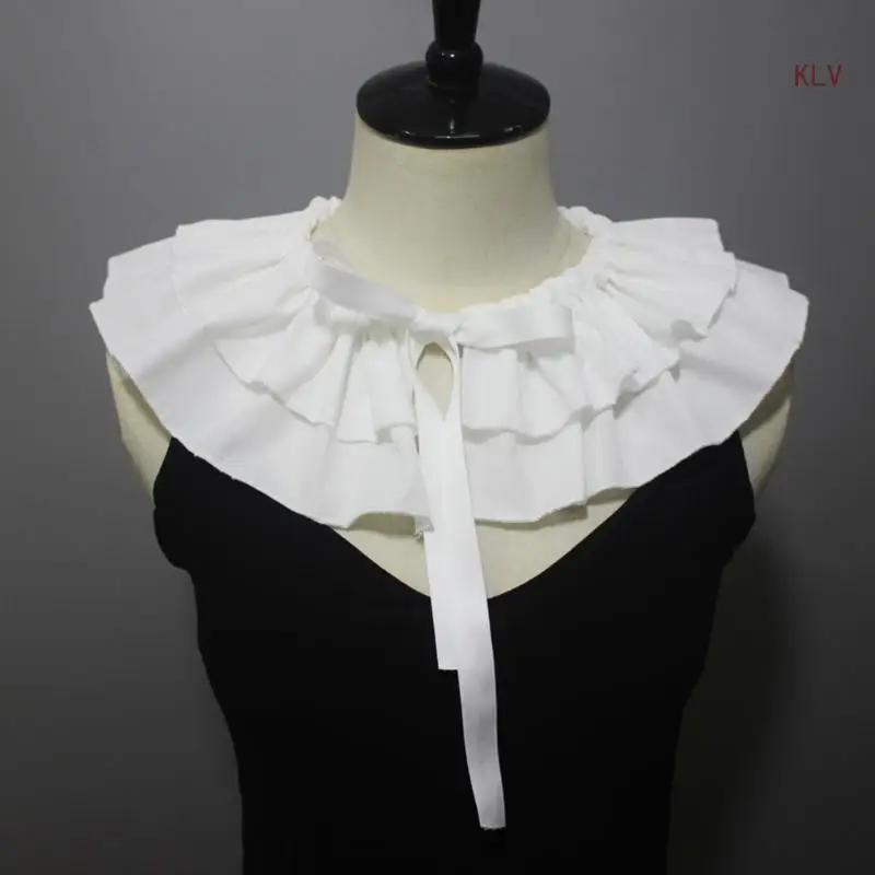 

Women Vintage Detachable False Collar Ruffled White Shawl Scarf Double Layer Ribbon Tie Capelet Decorative Boleros Wrap