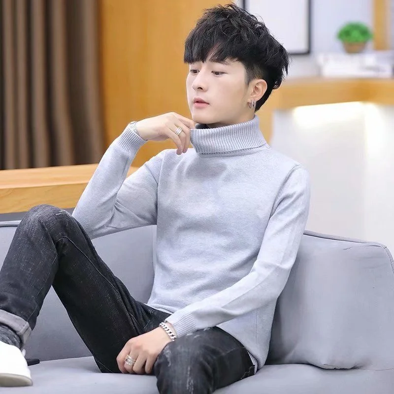 

Men's High Collar Knitted Sweater Slim Fit Warm Base Layer irt Autumn Color Turn-down Collar Youth Knitwear