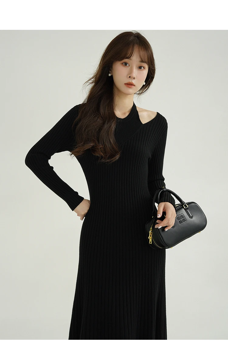 Halter pescoço recorte vestido de malha feminino inverno com nervuras magro manga longa camisola vestido cintura alta bodycon a linha midi vestido uso diário
