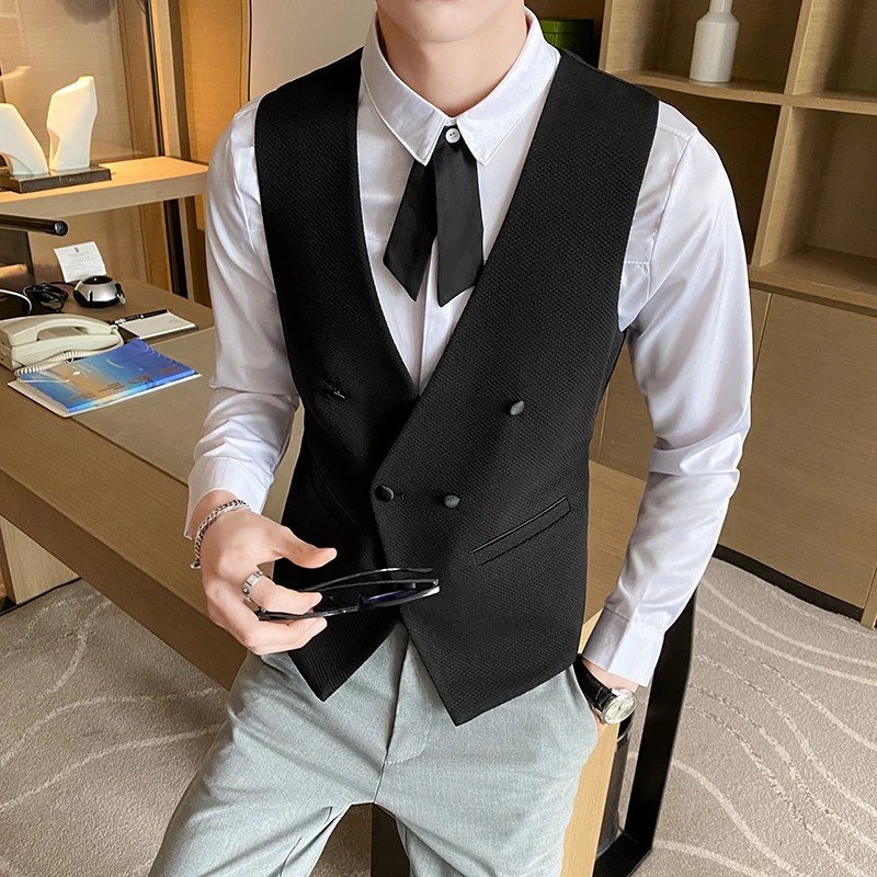 2022 New Fashion Men\'s Double Breasted Gentleman Dress Casual Vest Fashion Nightclub Bartender Work Clothes V Neck Vest Jacket