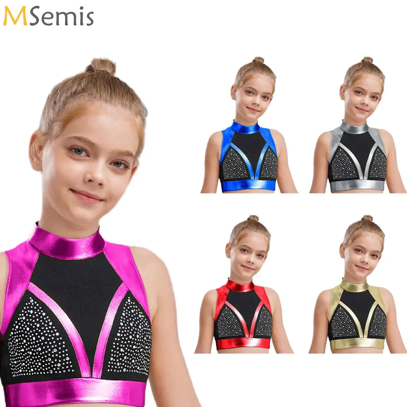

Girls Glitter Ballet Dance Crop Top Ballet Ballroom Performance Costume for Latin Jazz Cheerleading Gymnastics Figure Skating