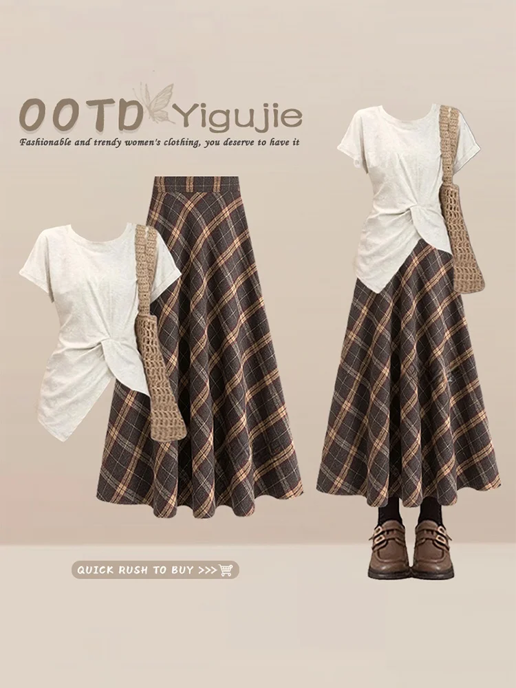 

Ladies' Vintage Plaid High Waist Skirt And Top Set Slimming Waistline Lazy Style Fashionable Summer Outfit Two-Piece Set