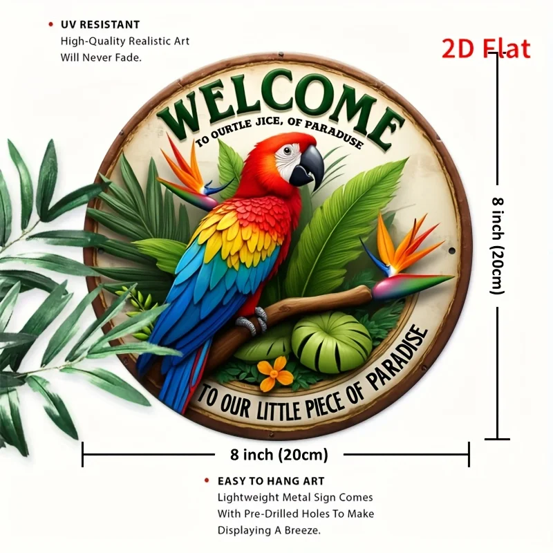 2D Flat, 1pc Bohemian Tropical Paradise Wall Plaque - 8x8 Inch (20x20cm) Welcome Sign with Parrot & Palm Tree Design, Macaw & Mo