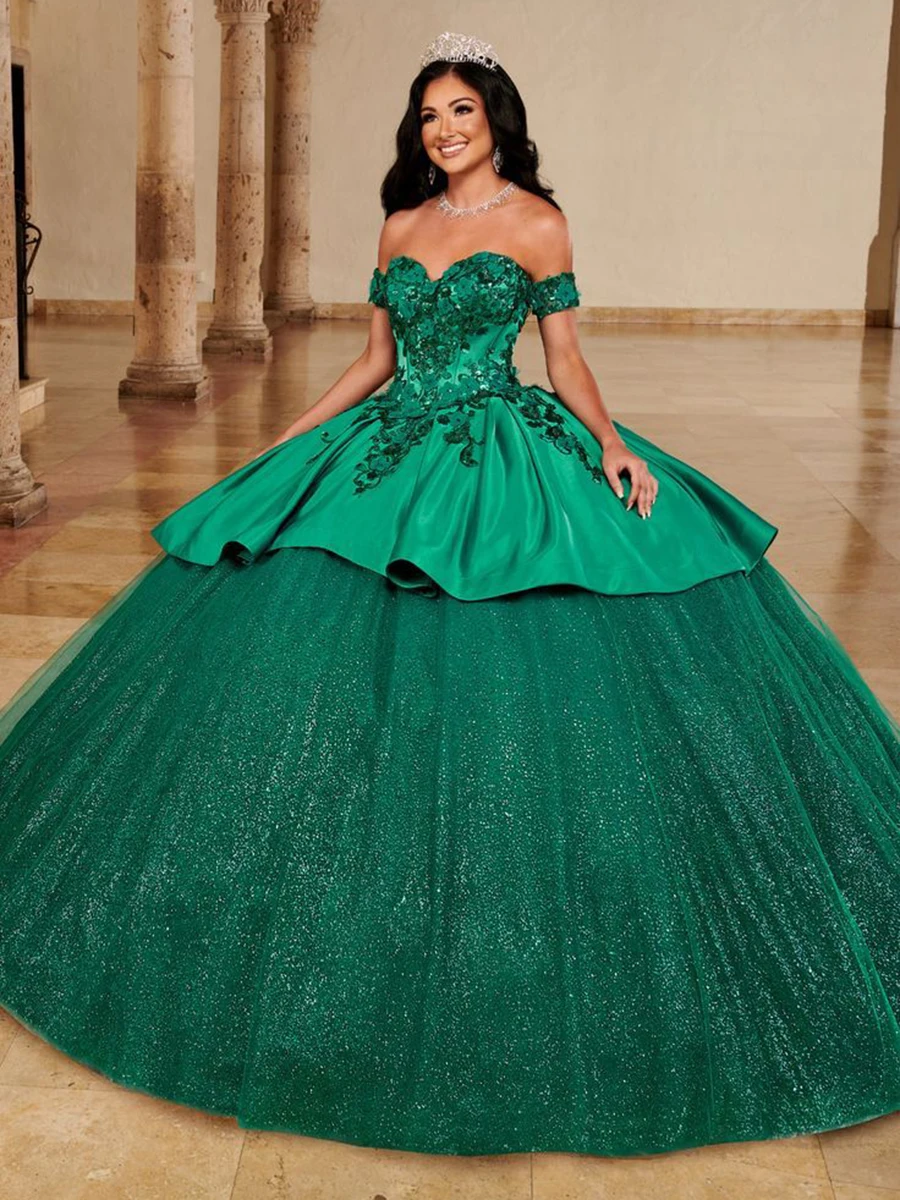 Abito Quinceanera con paillettes di lusso personalizzato che borda il partito elegante applique da sera corte strascico abito da ballo abito da ballo verde tulle