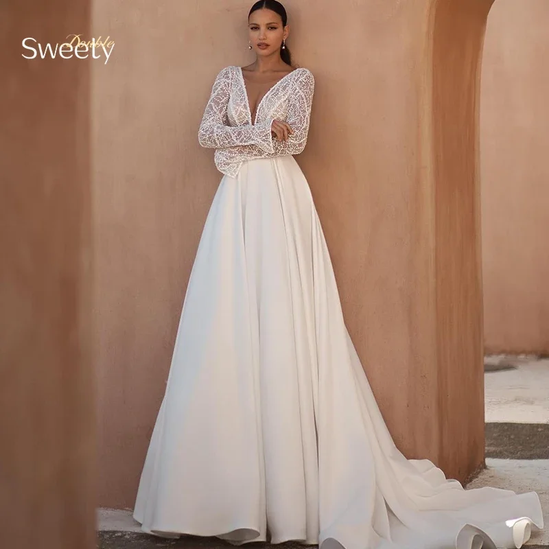 Elegant Wedding Dress Satin With Lace A-Line Floor Length Ball Gown O-Neck Full Sleeve Bride Customized Lace Up Robe De Mariee