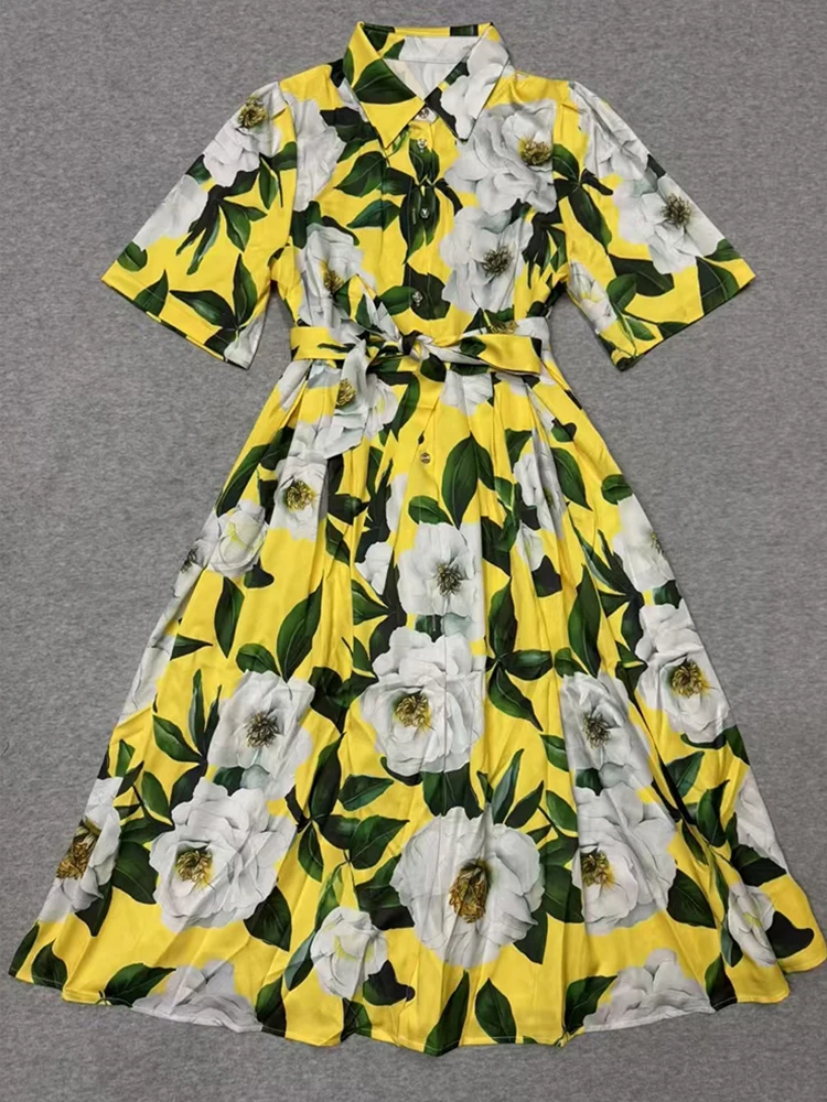 الربيع والصيف 2025 جديد التلبيب واحدة الصدر قصيرة الأكمام قميص تنورة حزام الخصر سوينغ فستان مزاجه الموضة